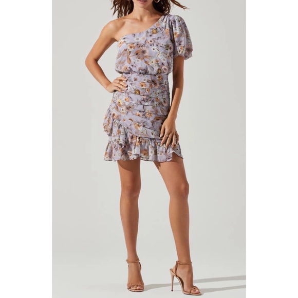 ASTR One Sleeve Tulip Floral Print Mini Dress Ruched Ruffle Periwinkle - Picture 2 of 11